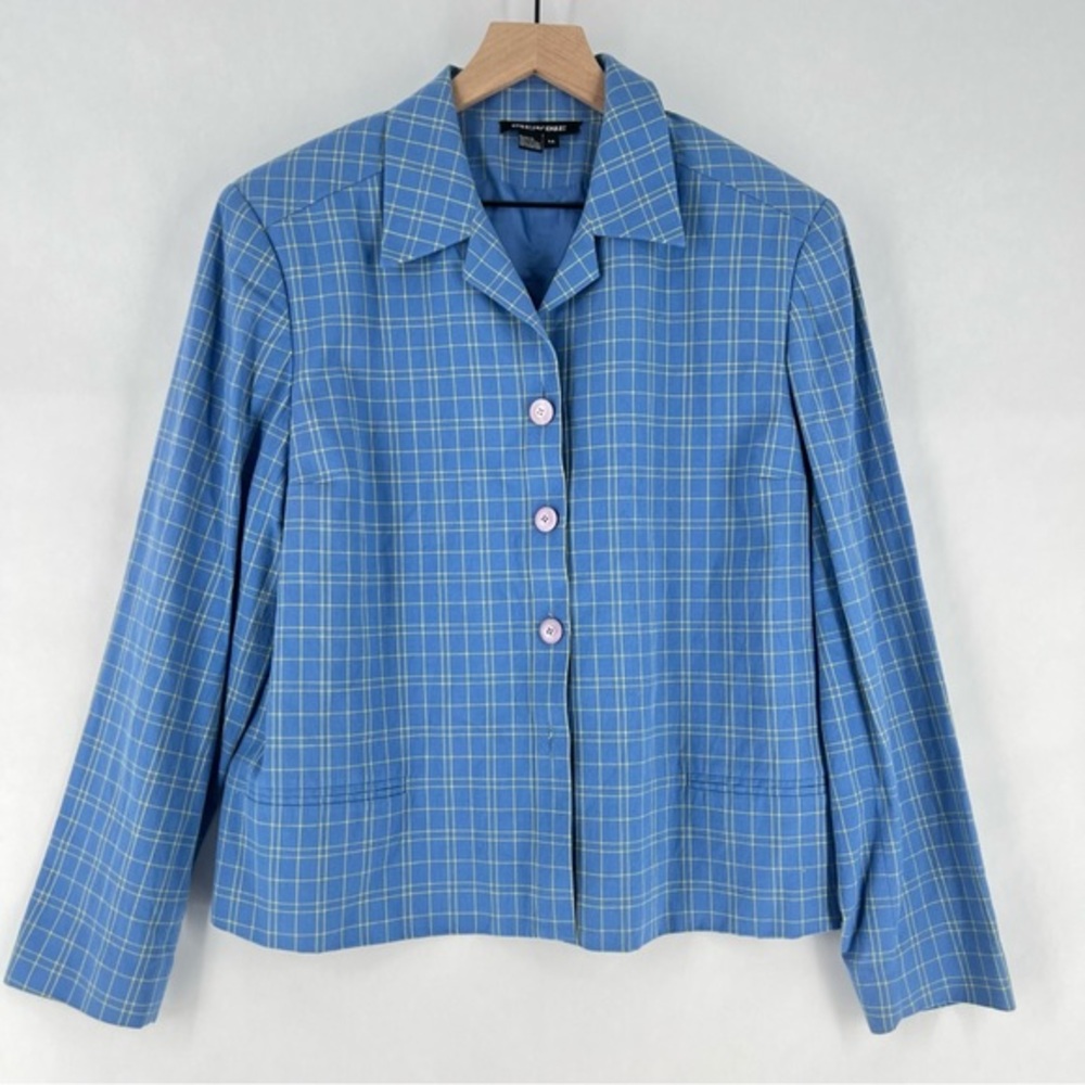 Due Per Due Cotton Geometric Grid Print Button Front Blazer Jacket Academia